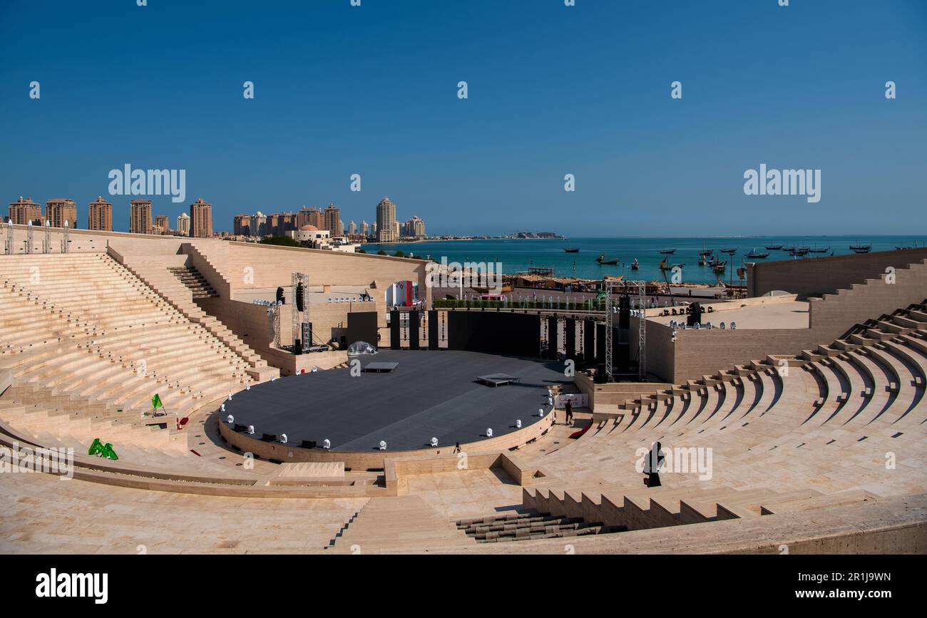 View over the Amphitheater in Katara Cultural Village and the Dhow Harbor, Doha, Qatar Stock Photo