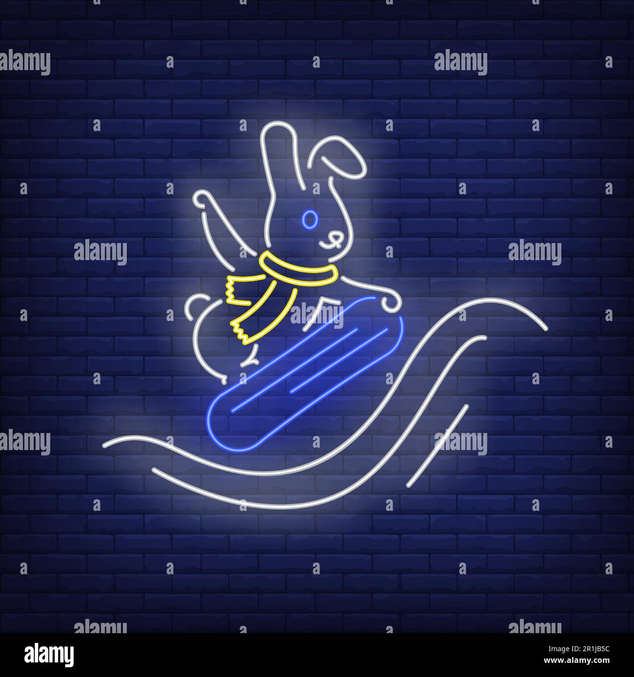 Rabbit snowboarding neon sign Stock Vector
