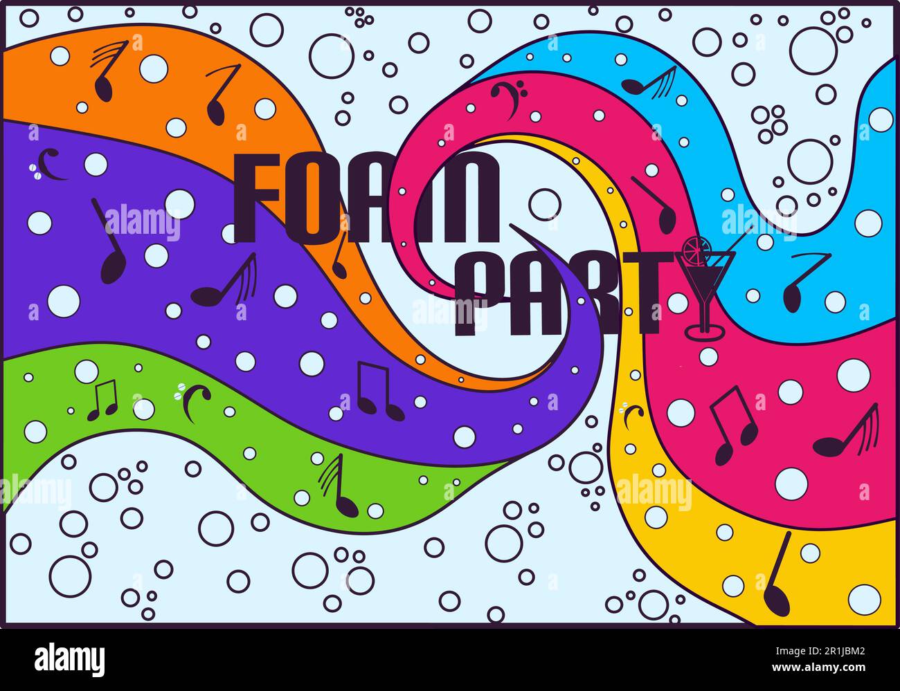 Disco foam party poster. Soap foam with soap rainbow bubbles. Vector