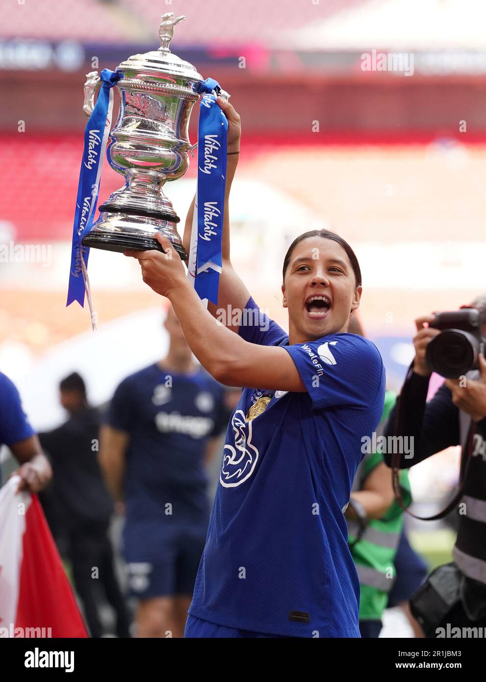 Chelsea's Sam Kerr lifts the trophy following the Vitality Women's FA