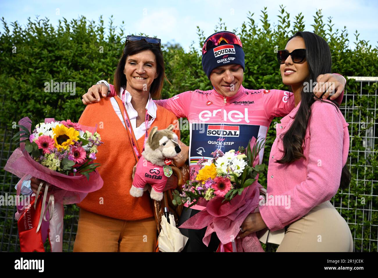 Cesena, Italy. 14th May, 2023. Belgian Remco Evenepoel of Soudal Quick-Step wearing the pink jersey (maglia rosa) of leader in the overall ranking celebrates with his mother Agna Van Eeckhout (L) and his wife Oumaima Oumi Rayane (R) after the stage nine of the 2023 Giro D'Italia cycling race, an individual time trial from Savignano sul Rubicone to Cesena (35km), in Italy, Sunday 14 May 2023. The 2023 Giro takes place from 06 to 28 May 2023. BELGA PHOTO JASPER JACOBS Credit: Belga News Agency/Alamy Live News Stock Photo