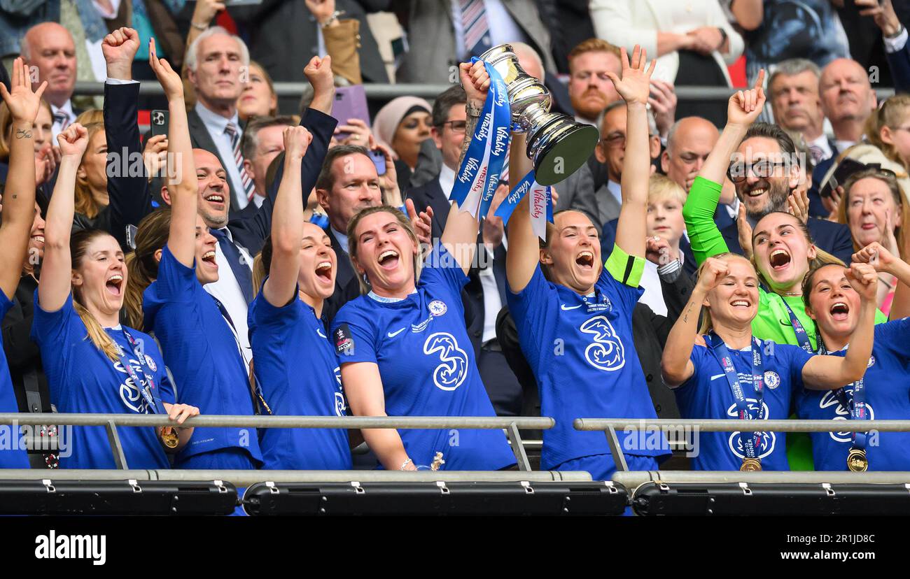 London, UK. 14th May, 2023. 14 May 2023 - Chelsea v Manchester United - Vitality Women's FA Cup - Final - Wembley Stadium Chelsea celebrate winning the Vitality Women's FA Cup final match at Wembley Stadium, London. Picture Credit: Mark Pain/Alamy Live News Stock Photo