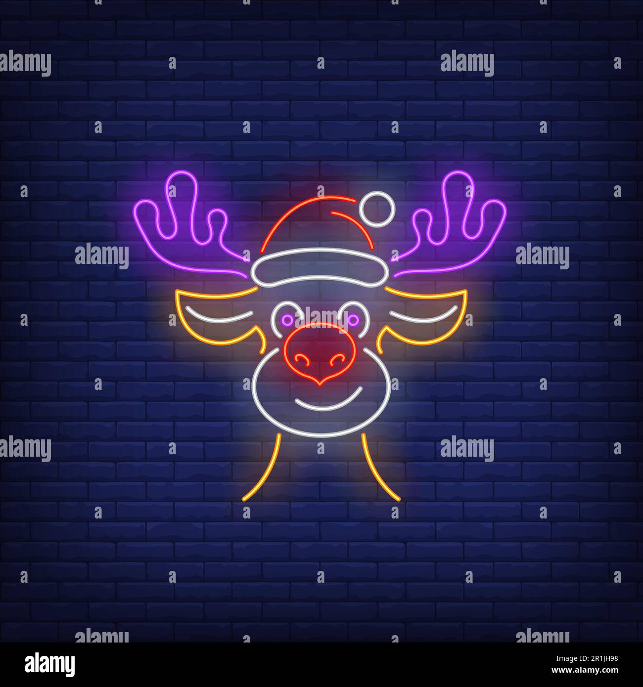 Reindeer wearing Santa Claus hat neon sign Stock Vector