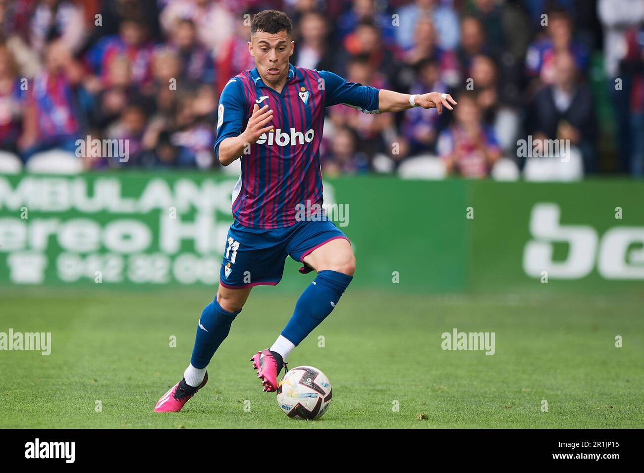 Yanis Rahmani of SD Eibar in action during La Liga Smartbank match between Real Racing Club and SD Eibar at El Sardinero Stadium on May 14, 2023 in Sa Stock Photo