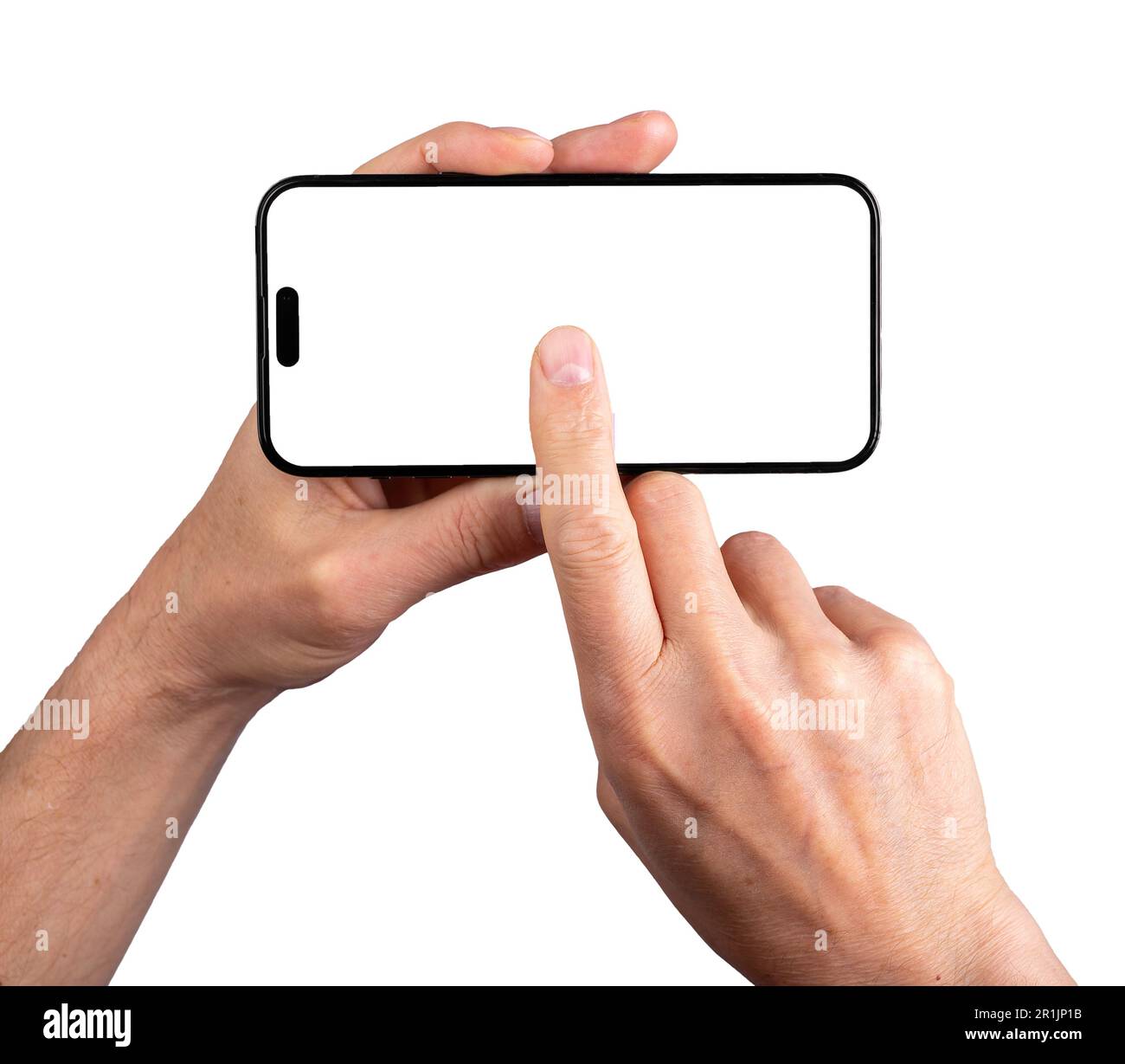Berlin, Germany May 14 2023 Hand holding smartphone Iphone, screen mockup, tapping in center of display for playing video, isolated on white backgroun Stock Photo