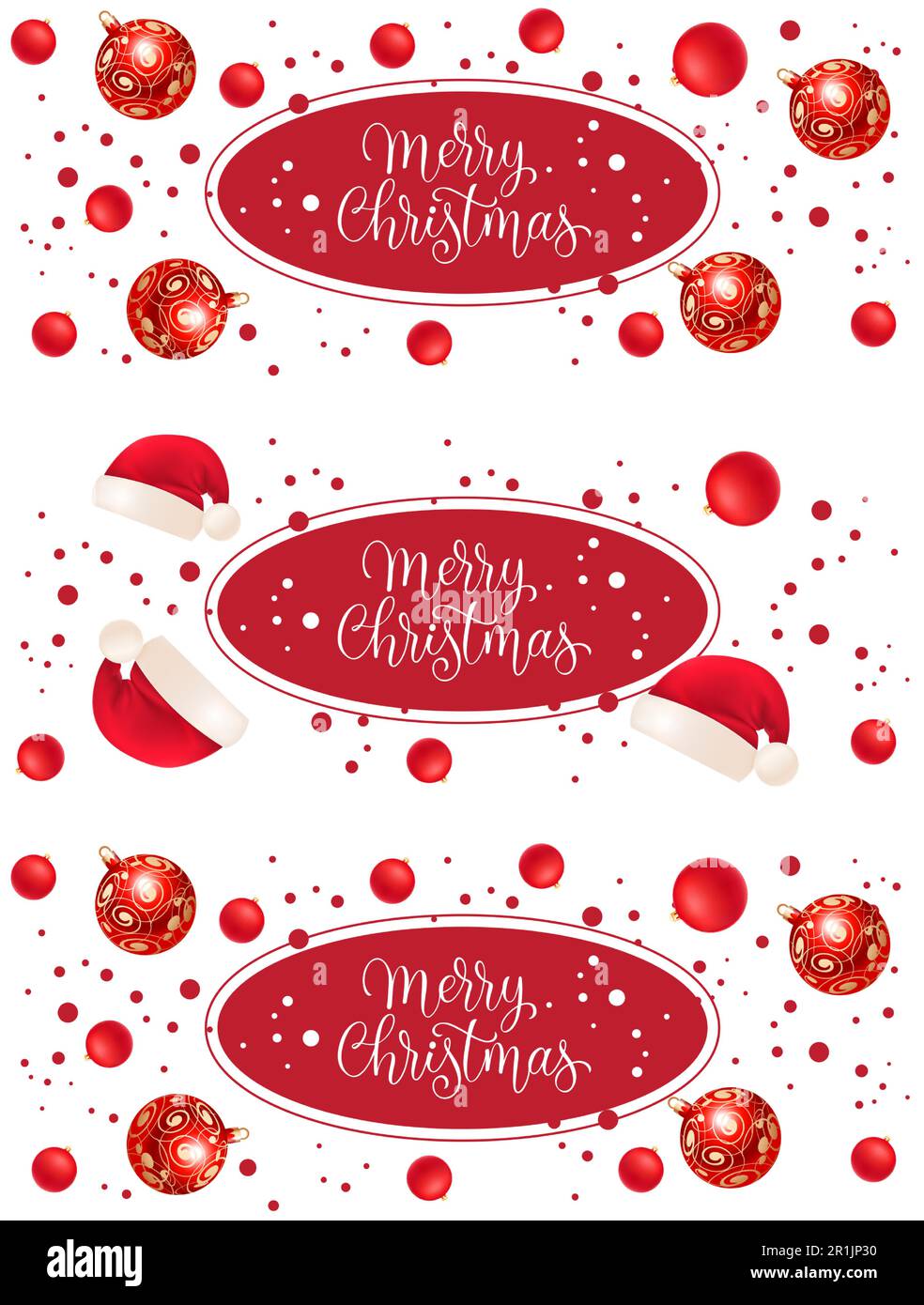 Merry Christmas banner set with red hats, balls on white ground Stock ...