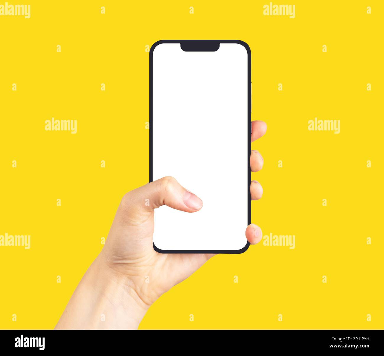 Berlin Germany May 14 2023 Hand holding, tapping with thumb on iphone 14 screen mock-up, display frame mockup. Stock Photo