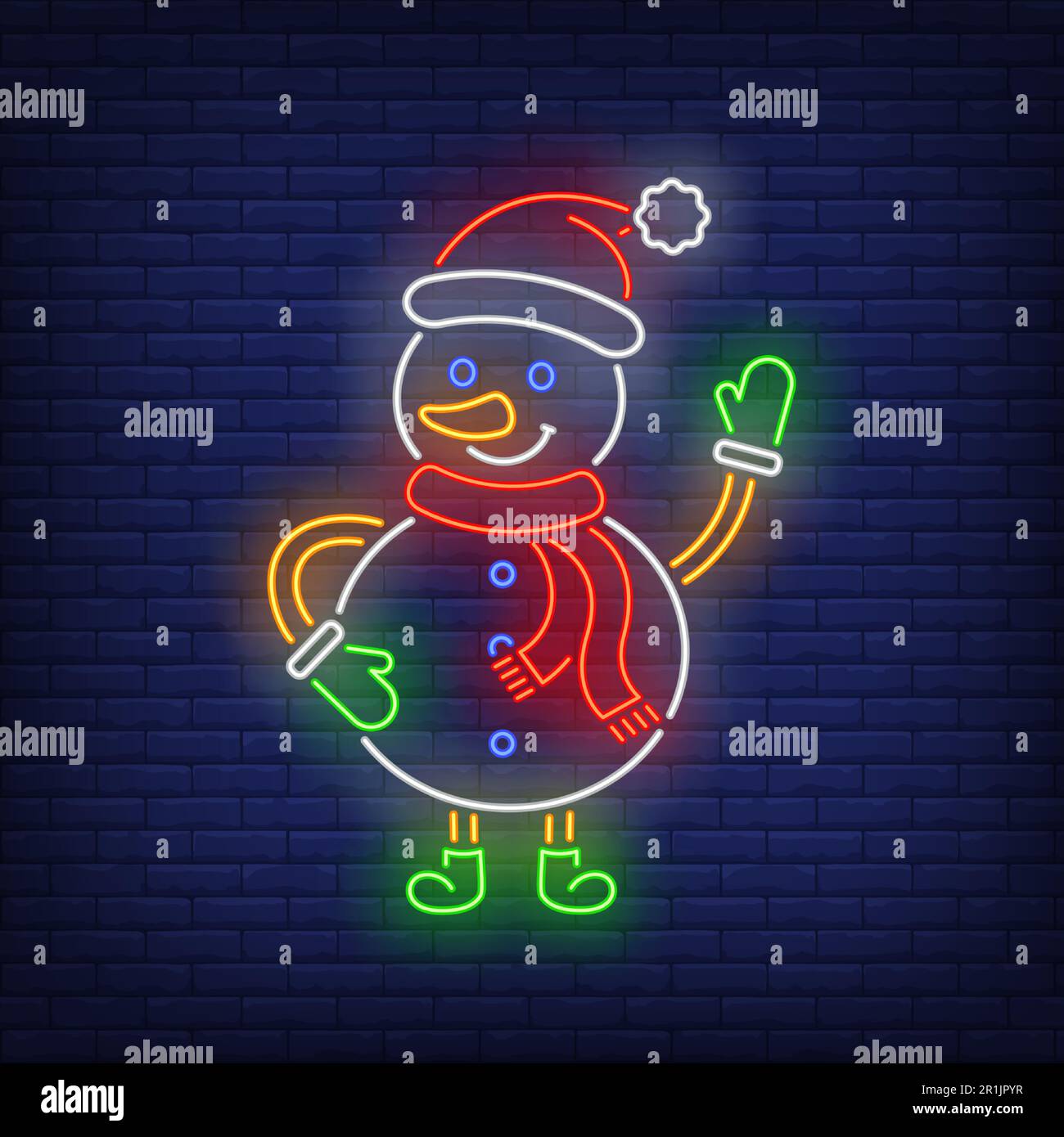 Snowman waving hand and wearing hat, scarf and mittens neon sign Stock ...
