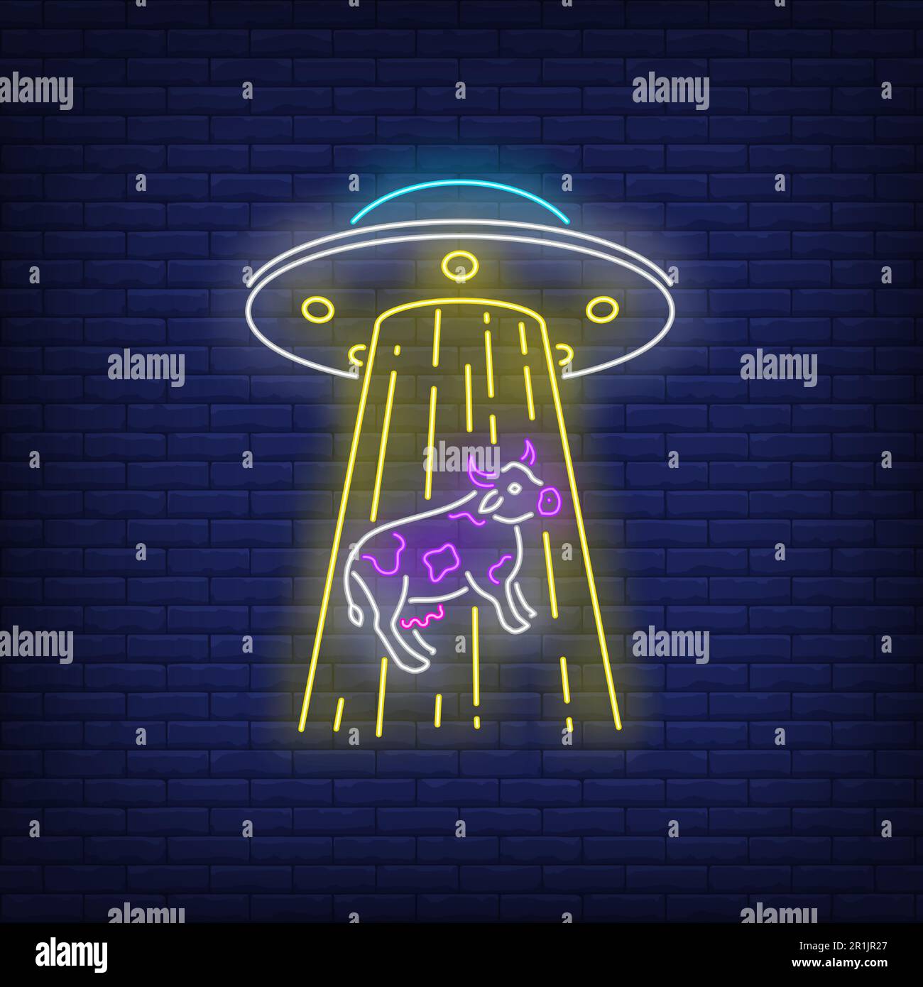 UFO abducting cow neon sign Stock Vector