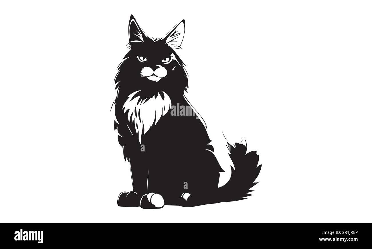 Silhouette Maine cat vector illustration. Black and white cartoon cat isolation. Stock Vector