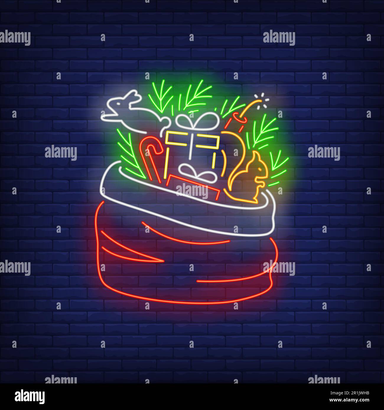 Christmas gifts in sack neon sign Stock Vector