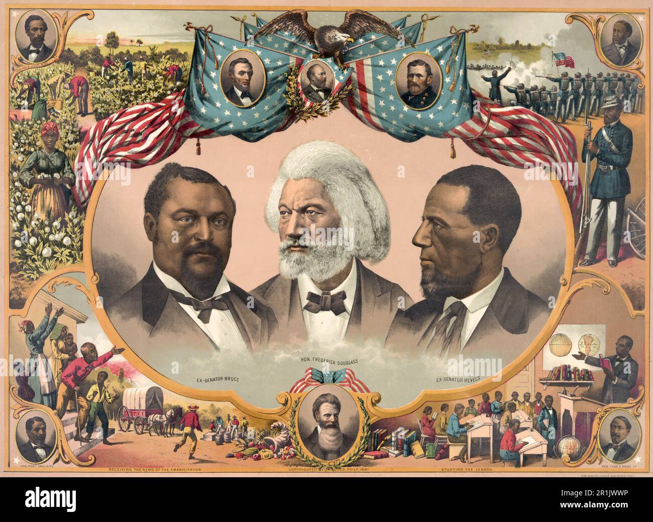 Heroes of the Colored Race. Head-and-shoulders portraits of Blanche Kelso Bruce, Frederick Douglass, and Hiram Rhoades Revels surrounded by scenes of African American life and portraits of Jno. R Lynch, Abraham Lincoln, James A. Garfield, Ulysses S. Grant, Joseph H. Rainey, Charles E. Nash, John Brown and Robert Smalls, 1881, Historic, digitally restored reproduction from a 19th century original  /  Helden der farbigen Rasse. Kopf-Schulter-Porträts von Blanche Kelso Bruce, Frederick Douglass und Hiram Rhoades Revels, umgeben von Szenen aus dem afroamerikanischen Leben und Porträts von Jno. R L Stock Photo