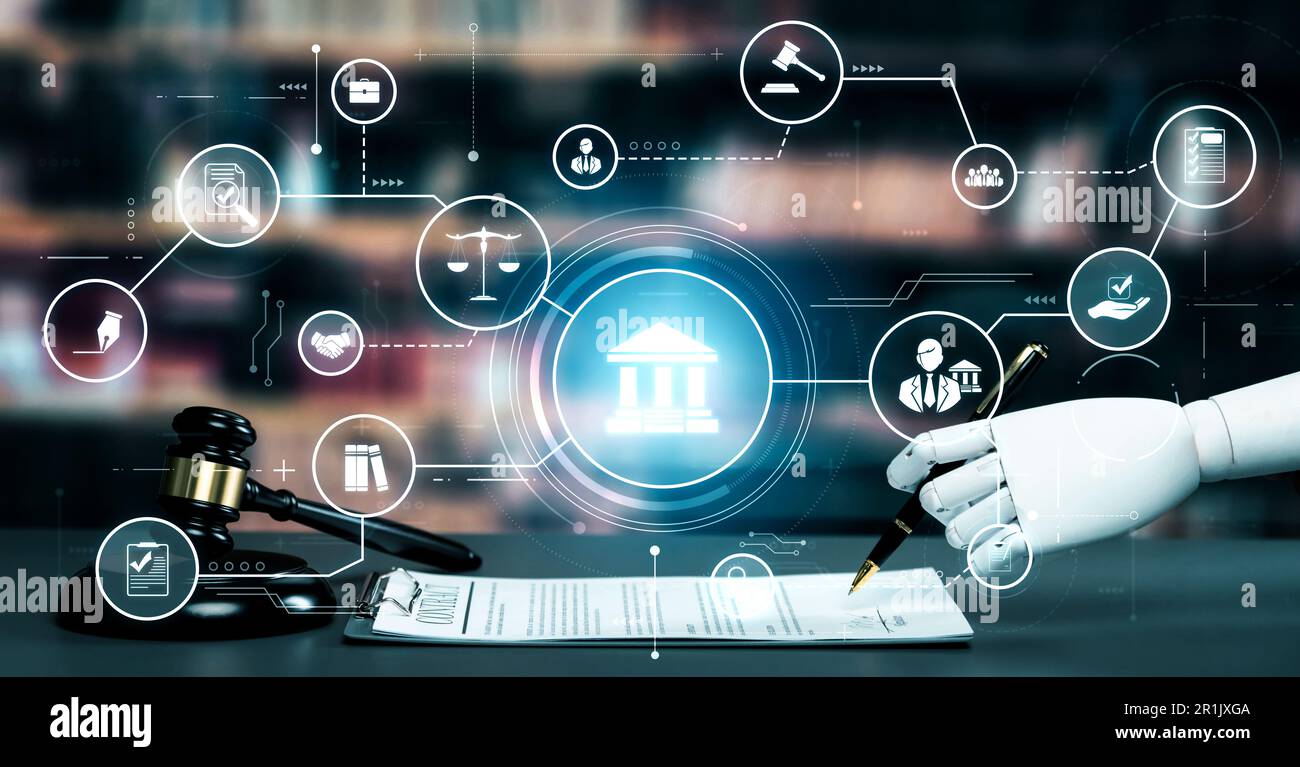 AI related law concept shown by robot hand using lawyer working tools
