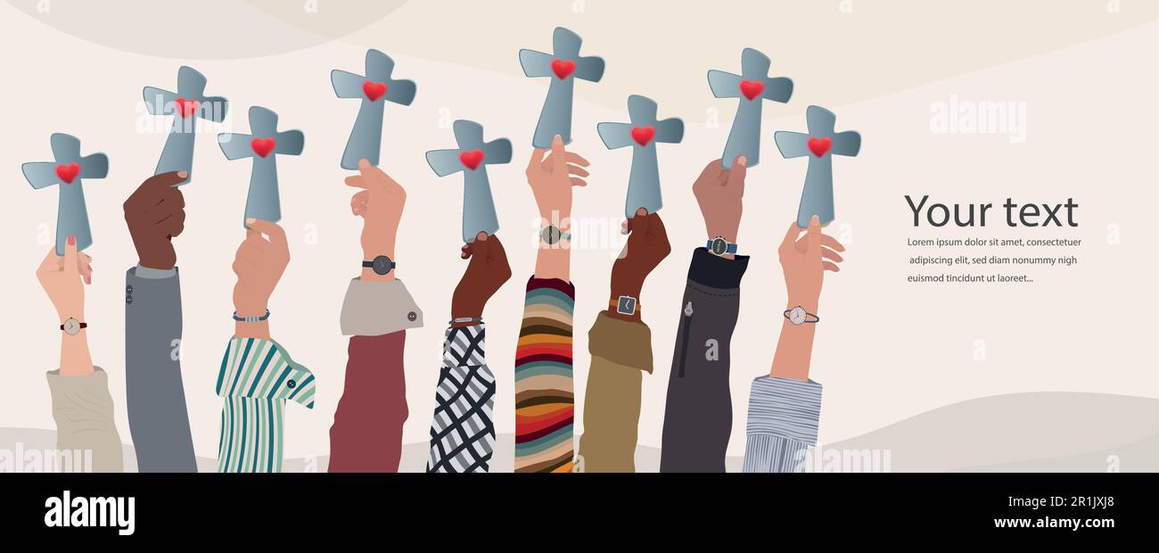 Group of people hands raised holding a crucifix. Christian worship.Concept of faith and hope in Jesus Christ. Copy space banners.Evangelical Christian Stock Vector