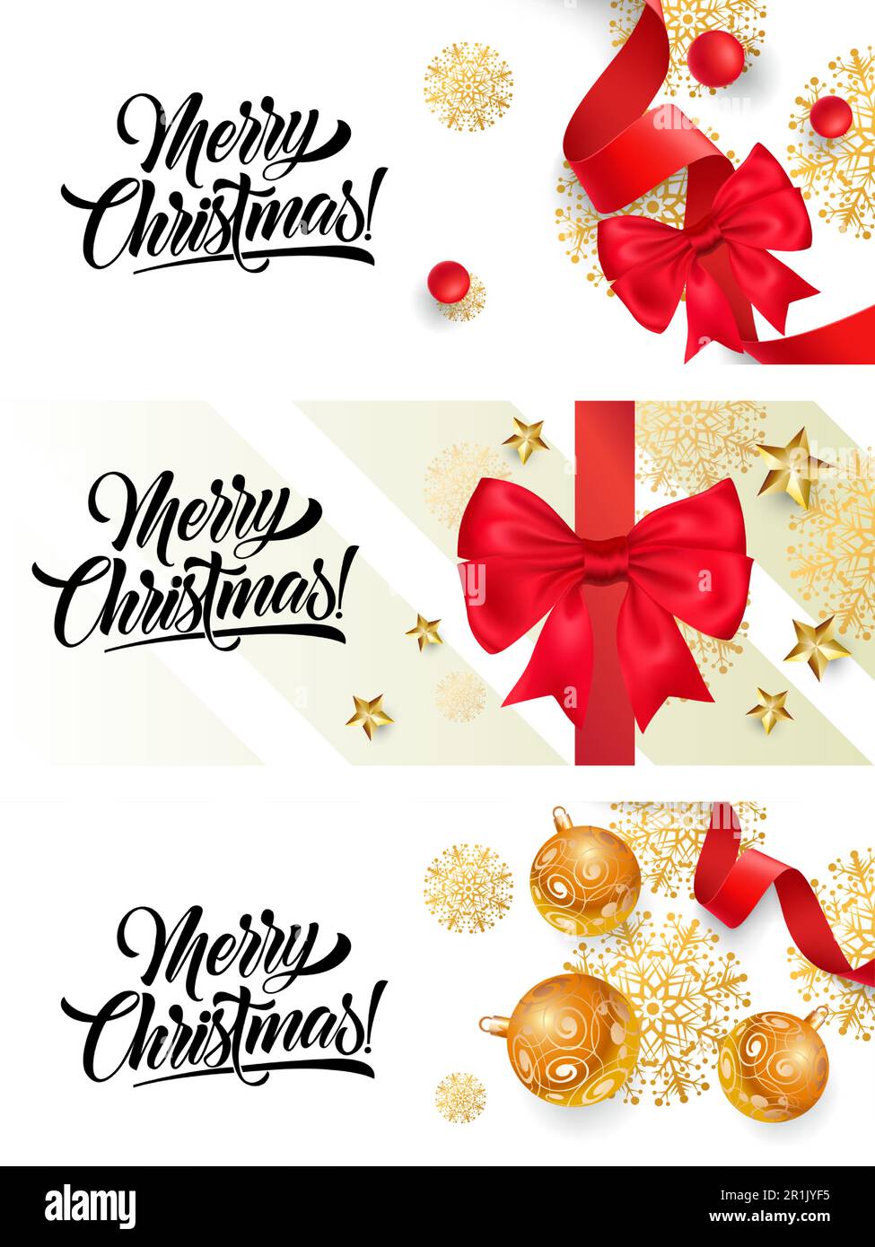 Merry Christmas banner set with bows and baubles on white ground Stock ...