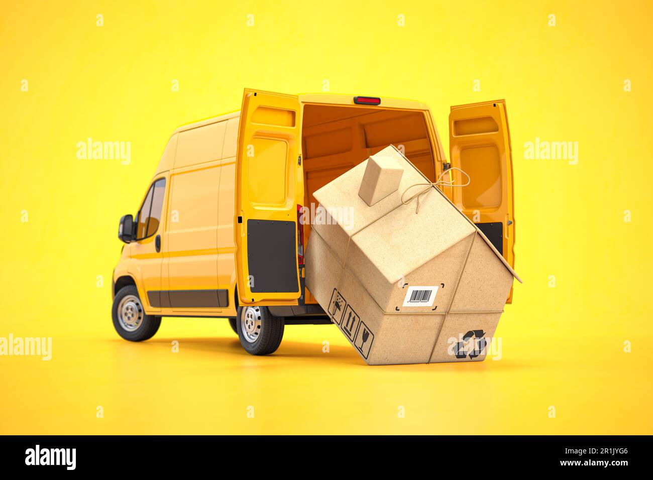 Concept of moving house. Delivery van and cardboard box n form of house