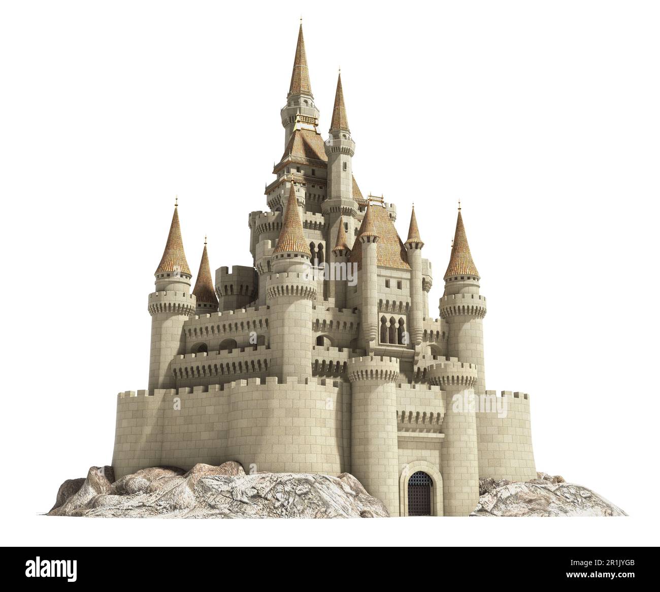 Old fairytale castle on the hill isolated on white. 3d illustration Stock Photo