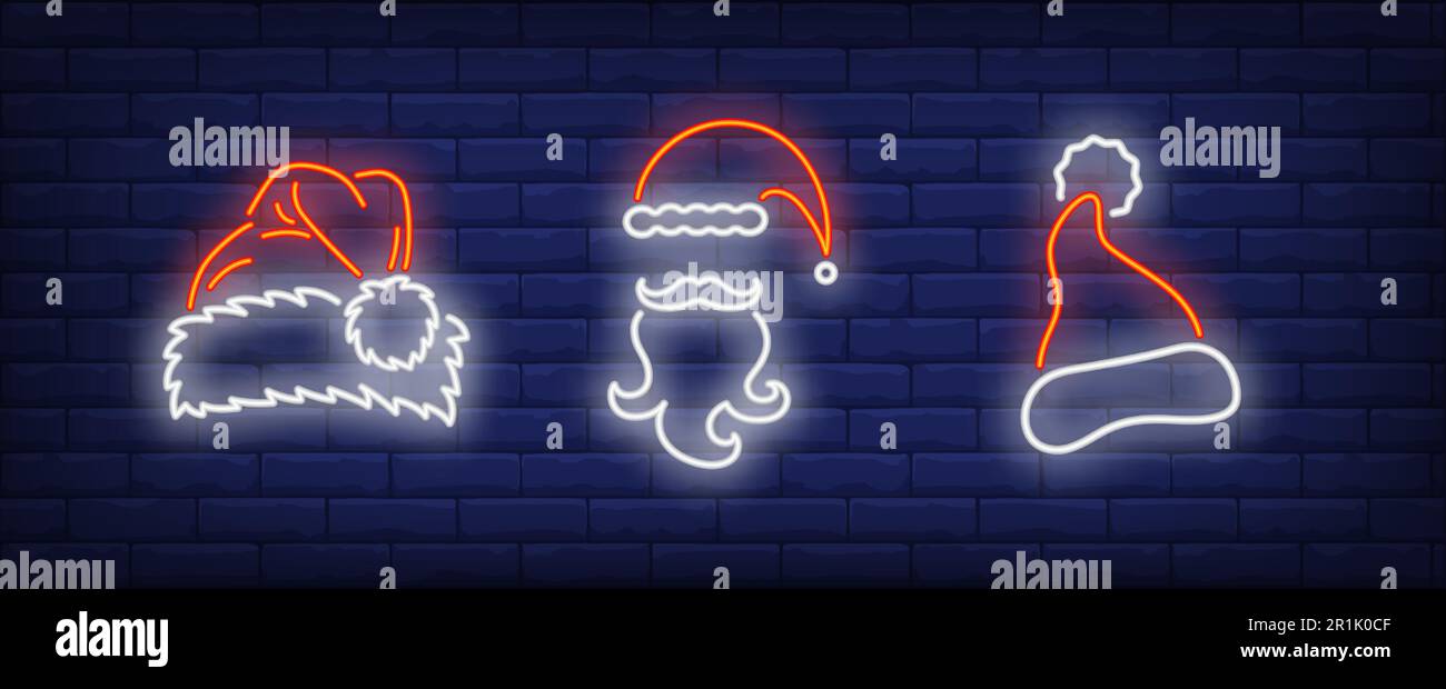 Santa Claus hats, moustaches and beards neon signs set Stock Vector