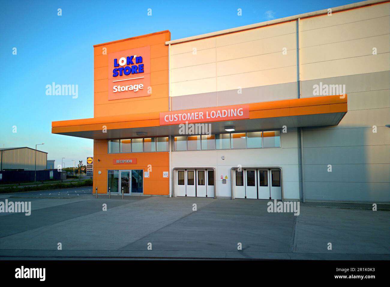 Aerial view of a storage facility in Dover, Kent, with orange lock and