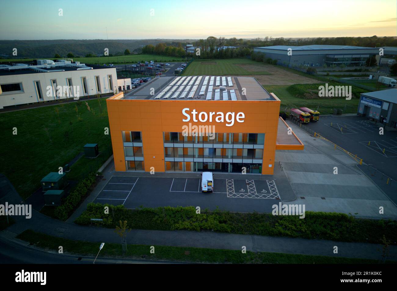 Aerial view of a storage facility in Dover, Kent, with orange lock and