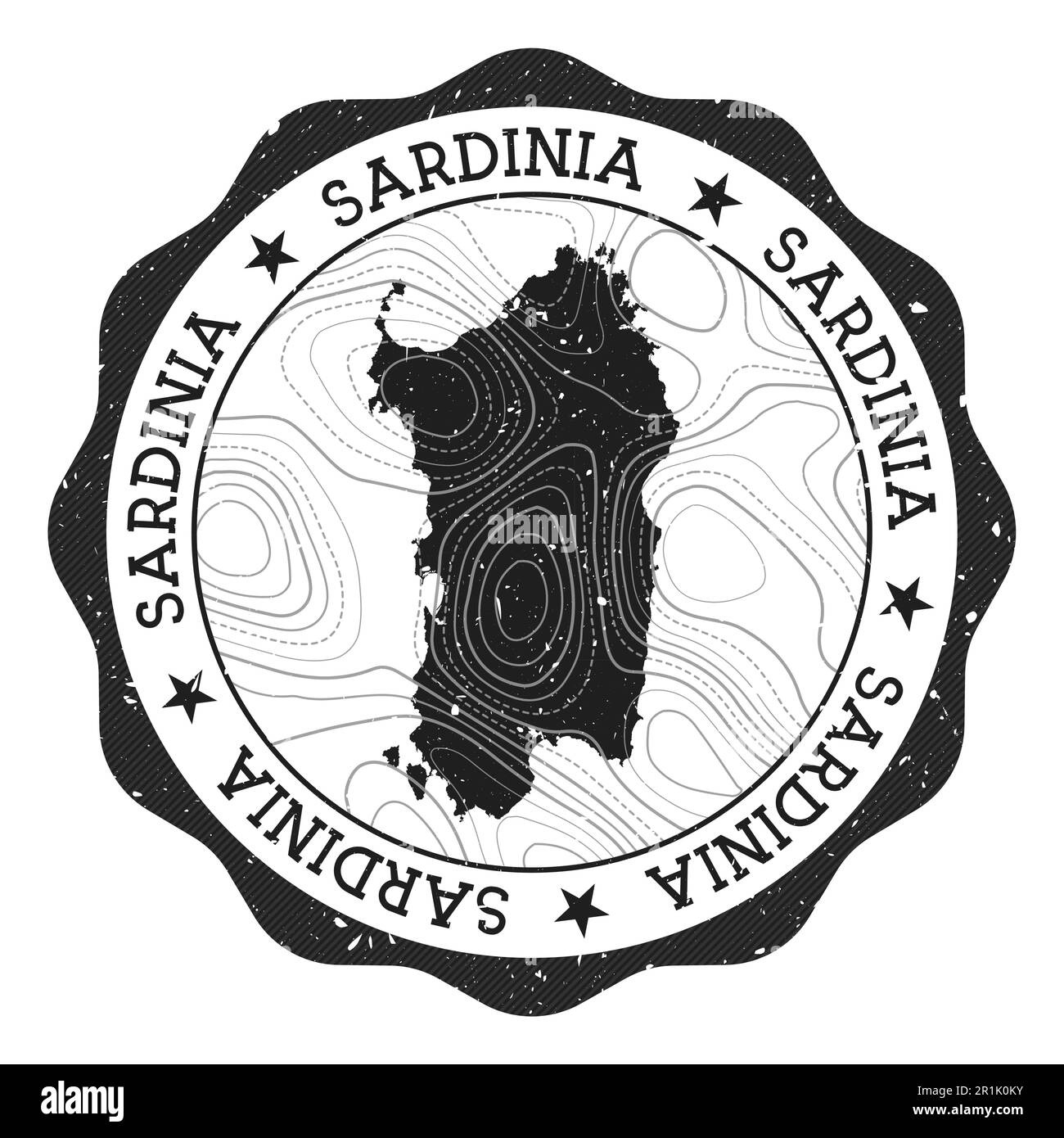 Sardinia outdoor stamp. Round sticker with map of island with topographic isolines. Vector illustration. Stock Vector