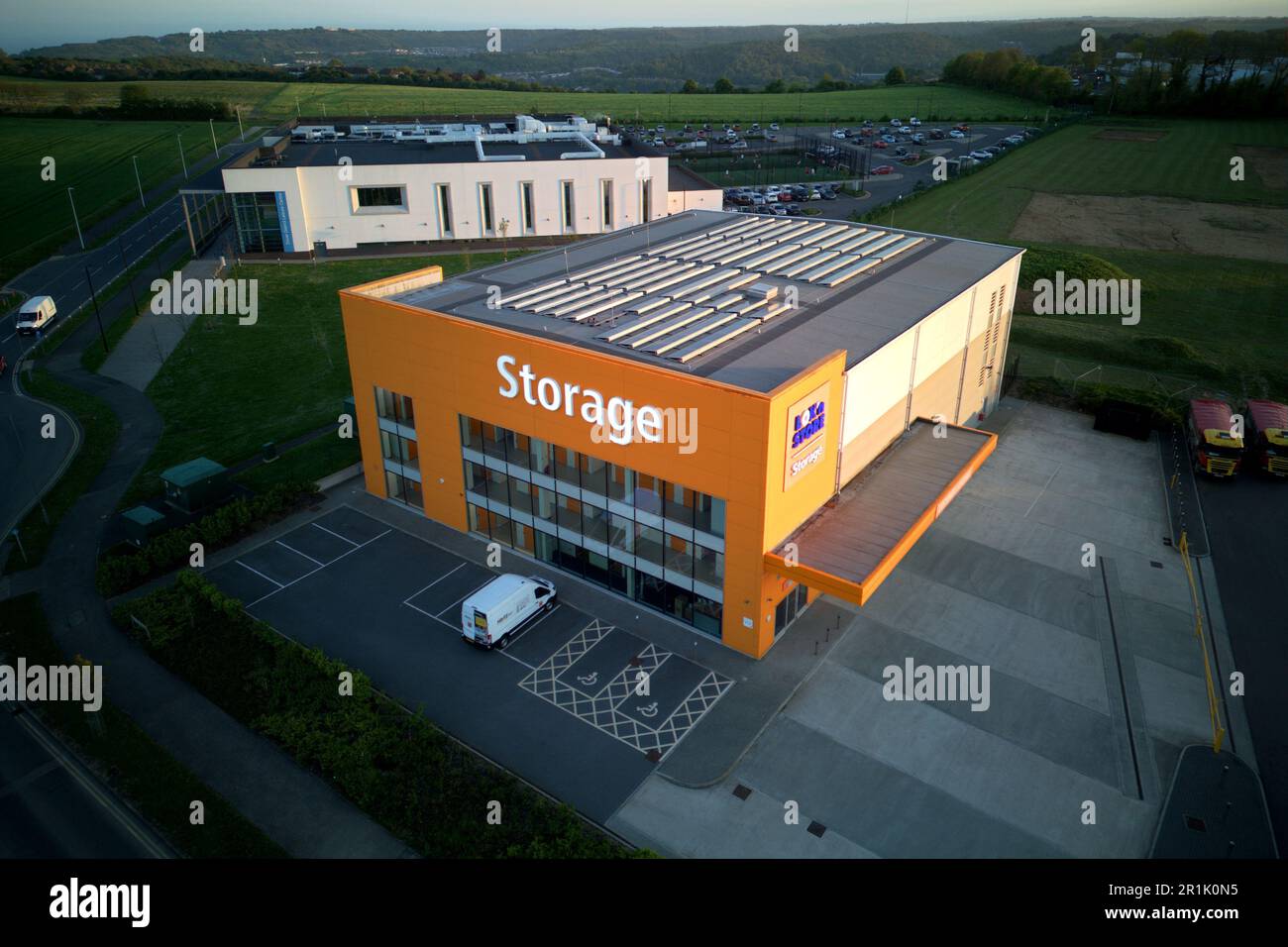 Aerial view of a storage facility in Dover, Kent, with orange lock and