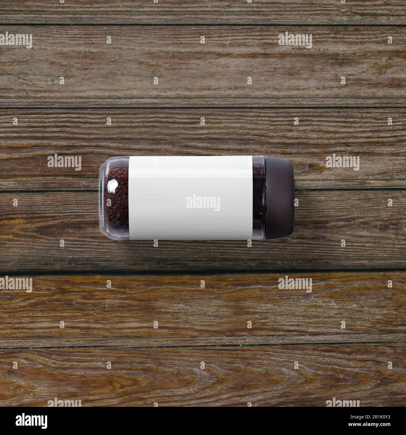 Top up view of Jar instant coffee isolated on wooden background Stock ...