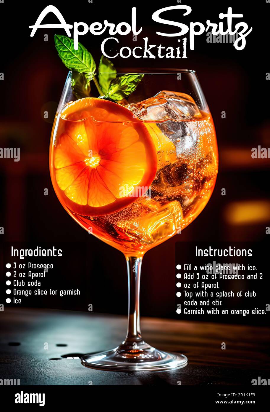 A vertical shot of an Aperol spritz cocktail with its ingredients and instructions lists Stock