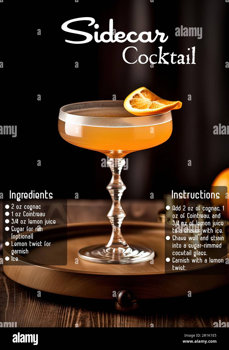 A vertical shot of a sidecar cocktail with its ingredients and