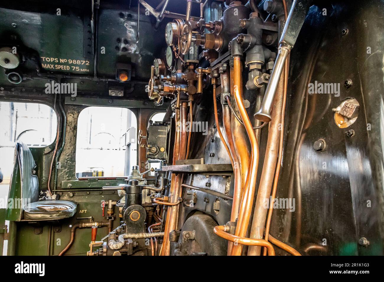 Cab of BR 'A3' 4-6-2 No. 60103 'Flying Scotsman', Kings Cross, London, UK Stock Photo