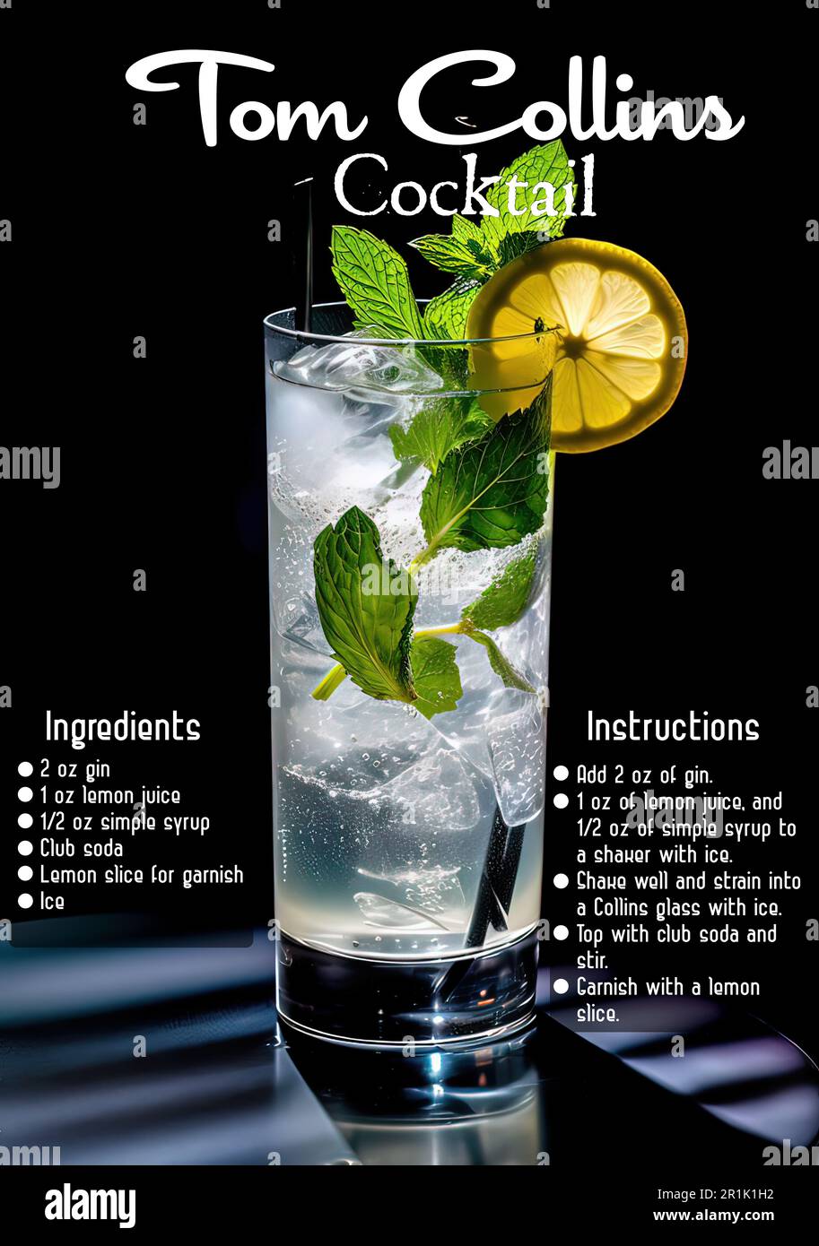 A vertical shot of a Tom Collins cocktail with its ingredients and