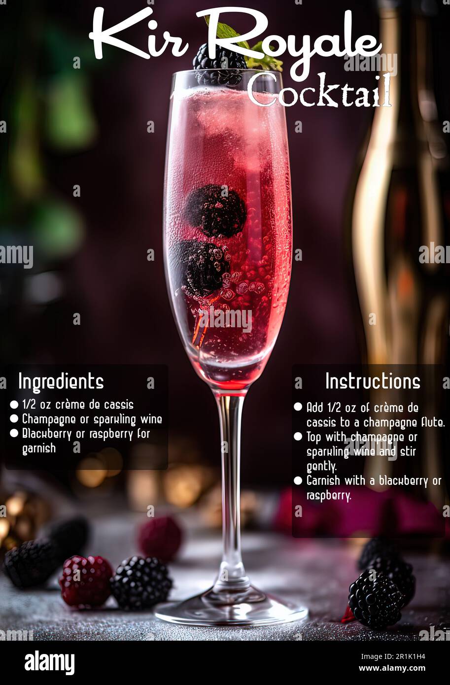 A vertical shot of a kir royale cocktail with its ingredients and ...