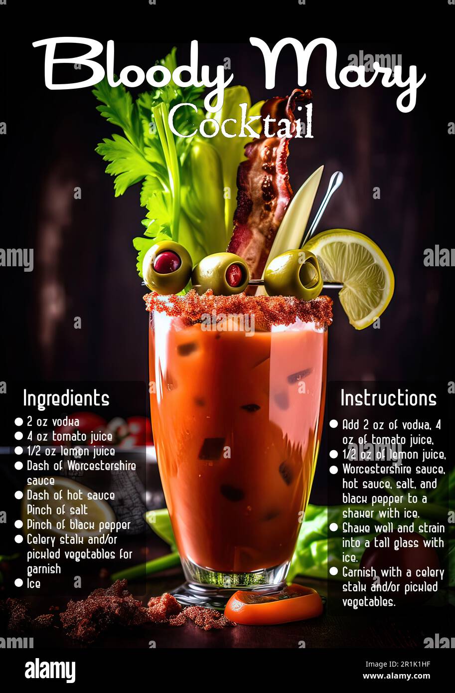 A vertical shot of a bloody mary cocktail with its ingredients and