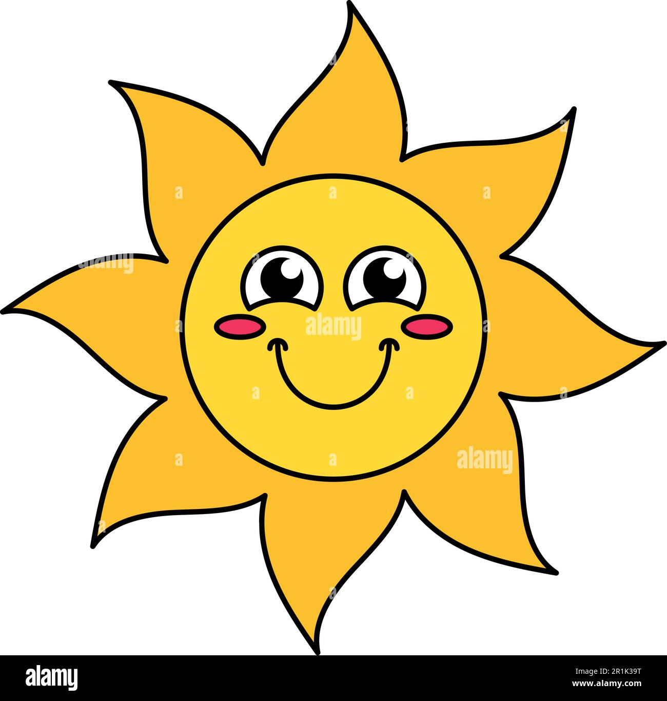 Blushing sun emoticon outline illustration. Social media cartoon modest