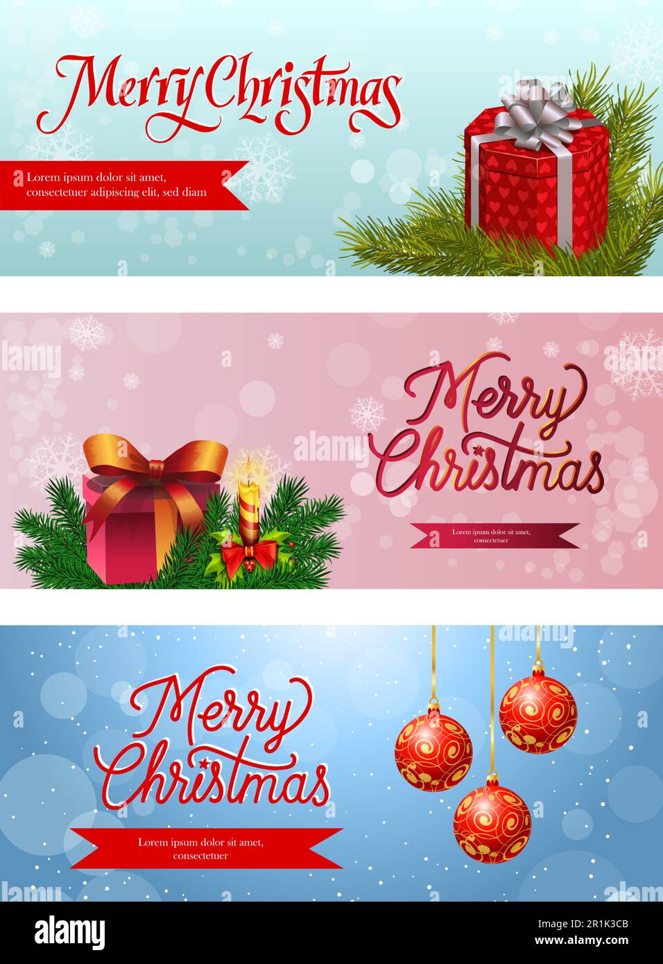 Merry Christmas banner set with gifts, fir and balls Stock Vector Image ...