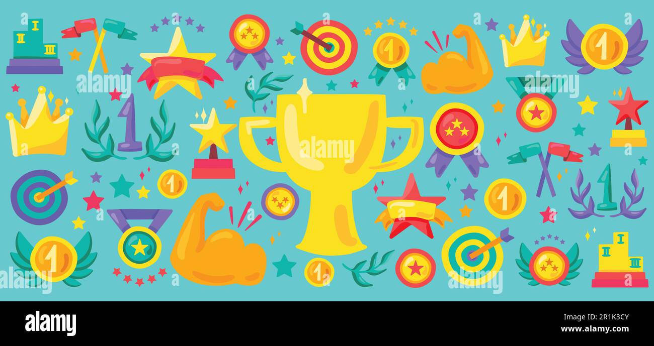 Sport achievement cartoon vector icon set. Awards flat illustrations ...