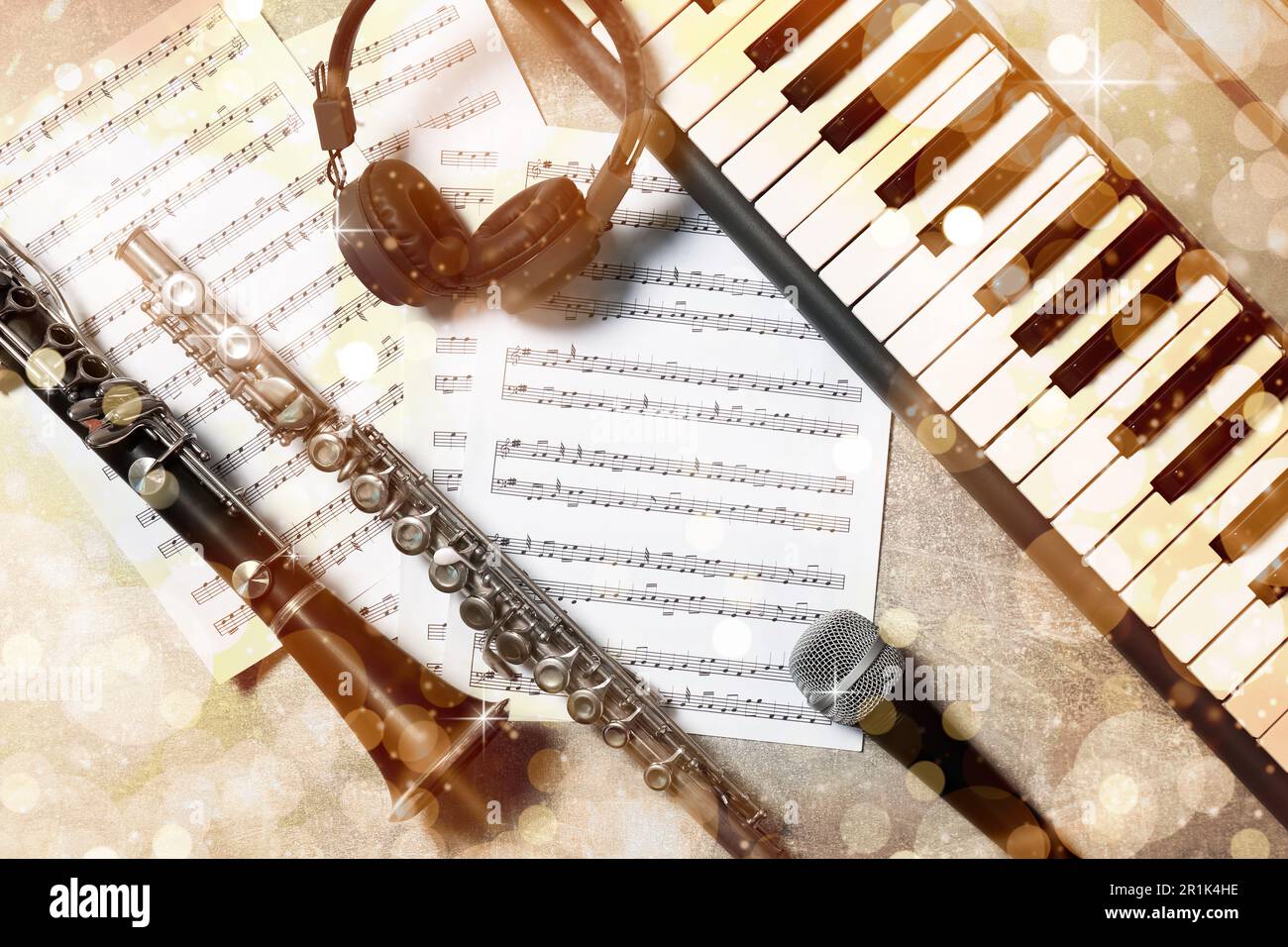 Instruments Light Background Flat lay composition with different musical instruments and microphone ...