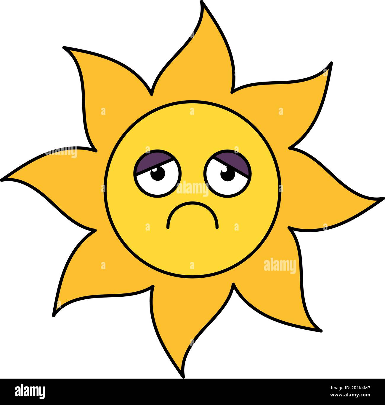 Depressed sun sticker outline illustration. Melancholy, gloomy emoji