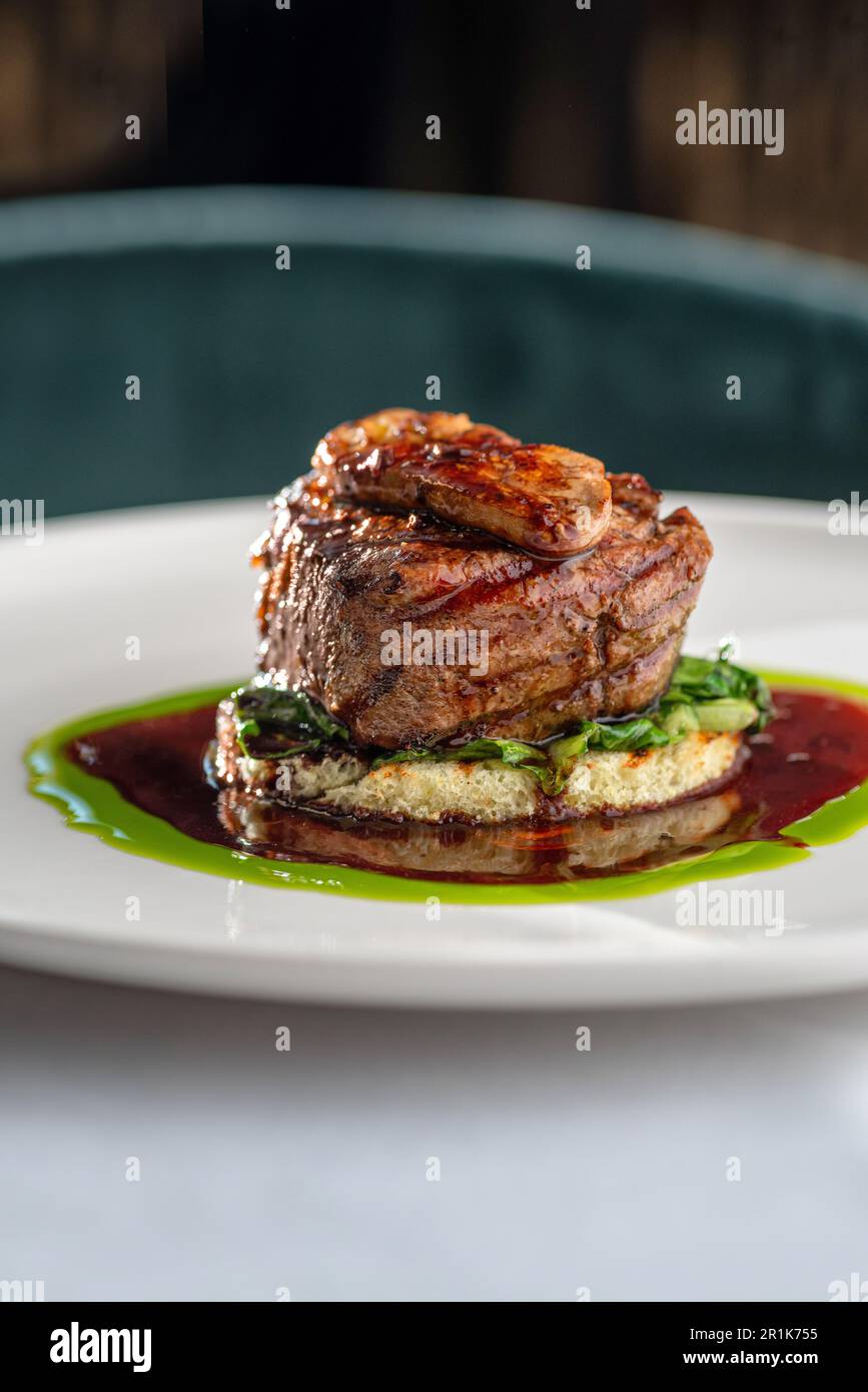 Tournedos Rossini. Foie gras, Black Angus beef tenderloin, with red