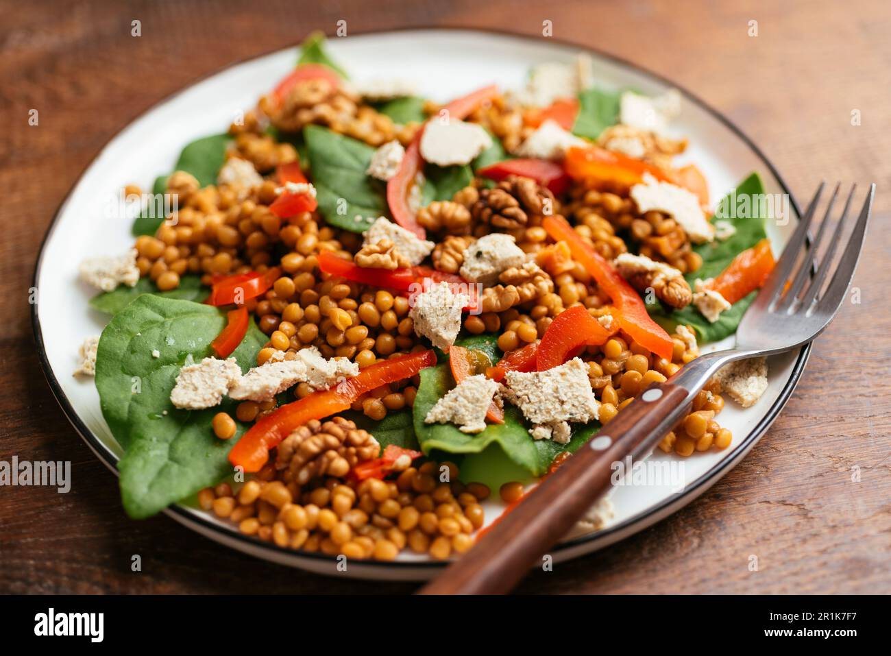 Spinach and Lentil Salad with Roasted Peppers, Walnuts and Vegan Feta Stock Photo