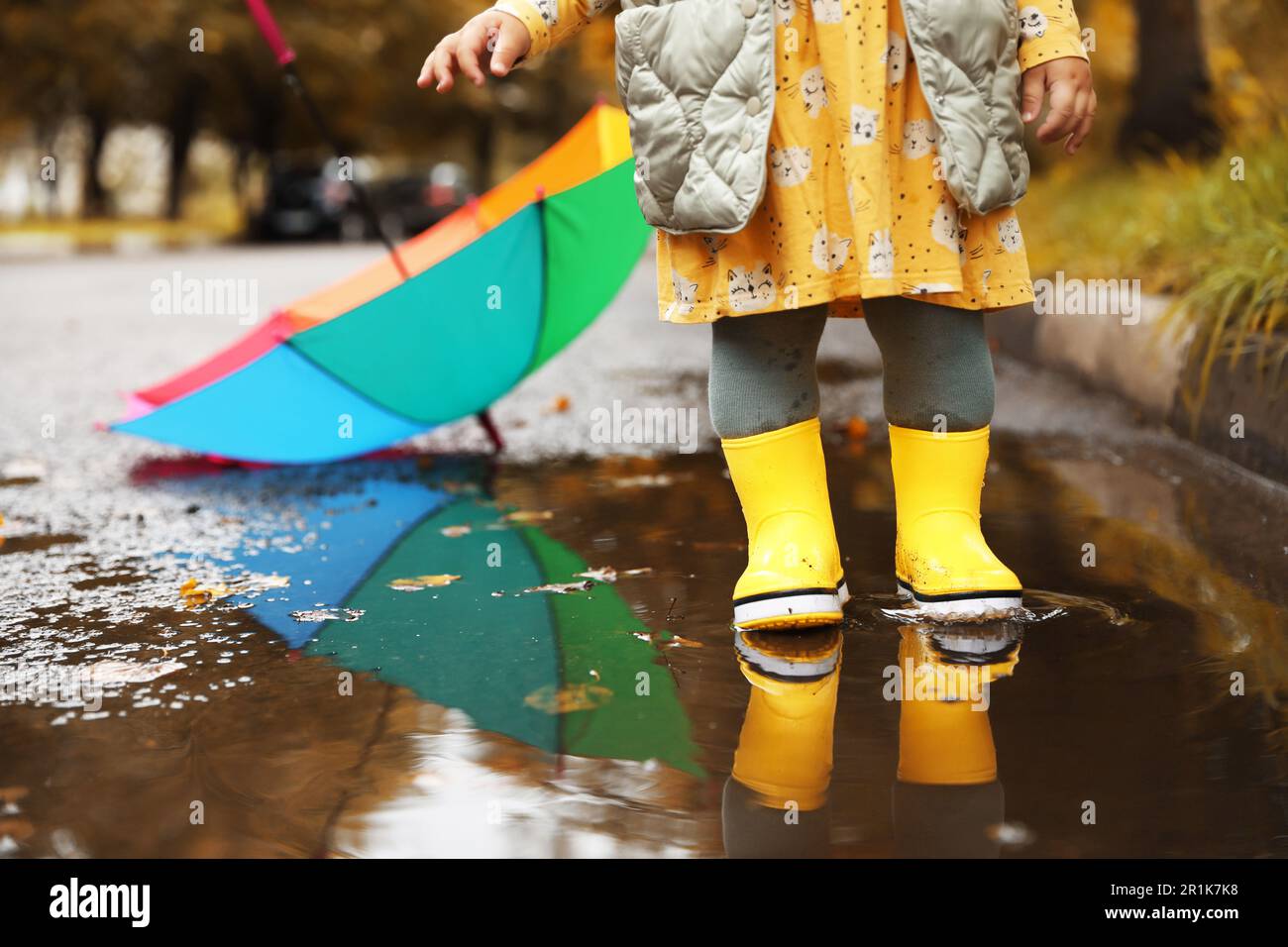 Little girl wearing yellow rubber boots standing in puddle outdoors ...