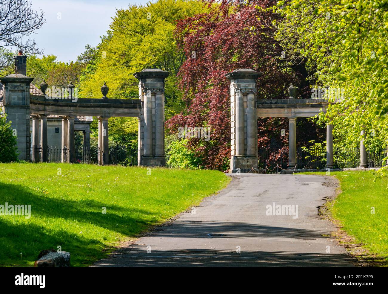 Grand entrance gate pillars and drive to Hopetoun House country estate
