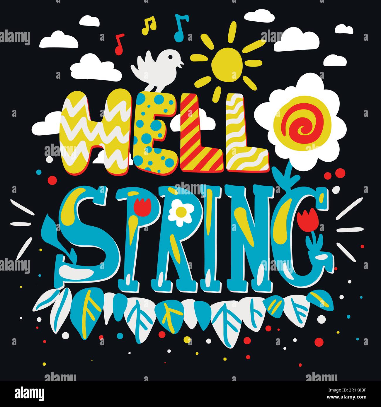 Hello spring handdrawn lettering. Flat design quote. Greeting card ...