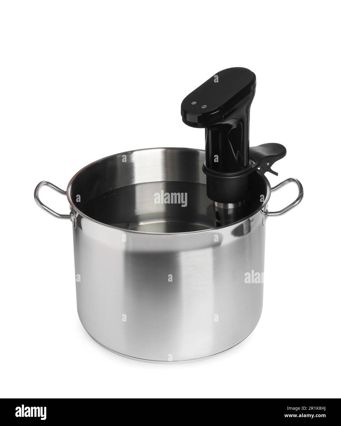 Thermal immersion circulator in pot isolated on white. Sous vide cooker
