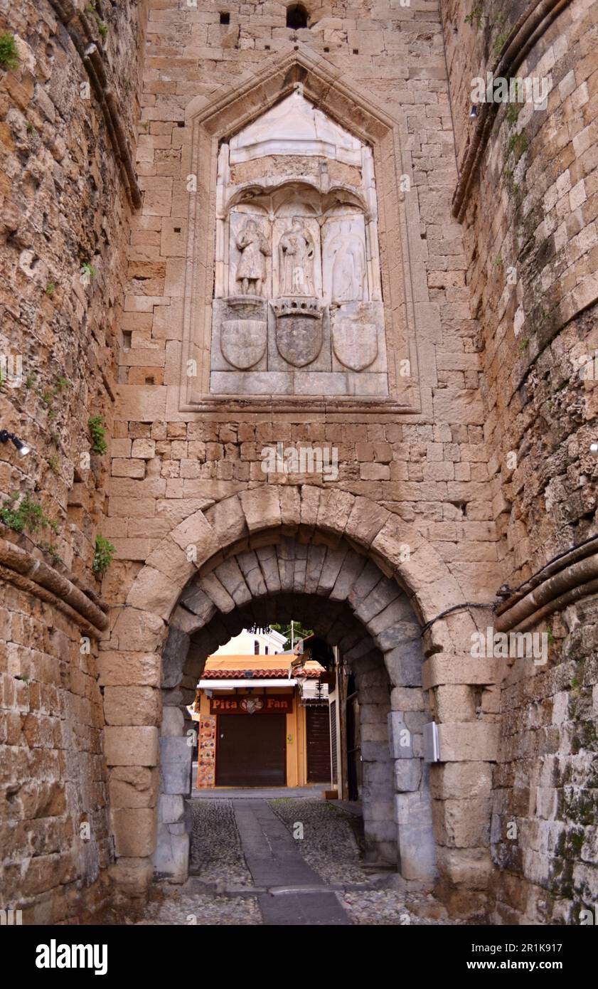 Entrance towers from the sea to the medieval city of Rhodes the sea