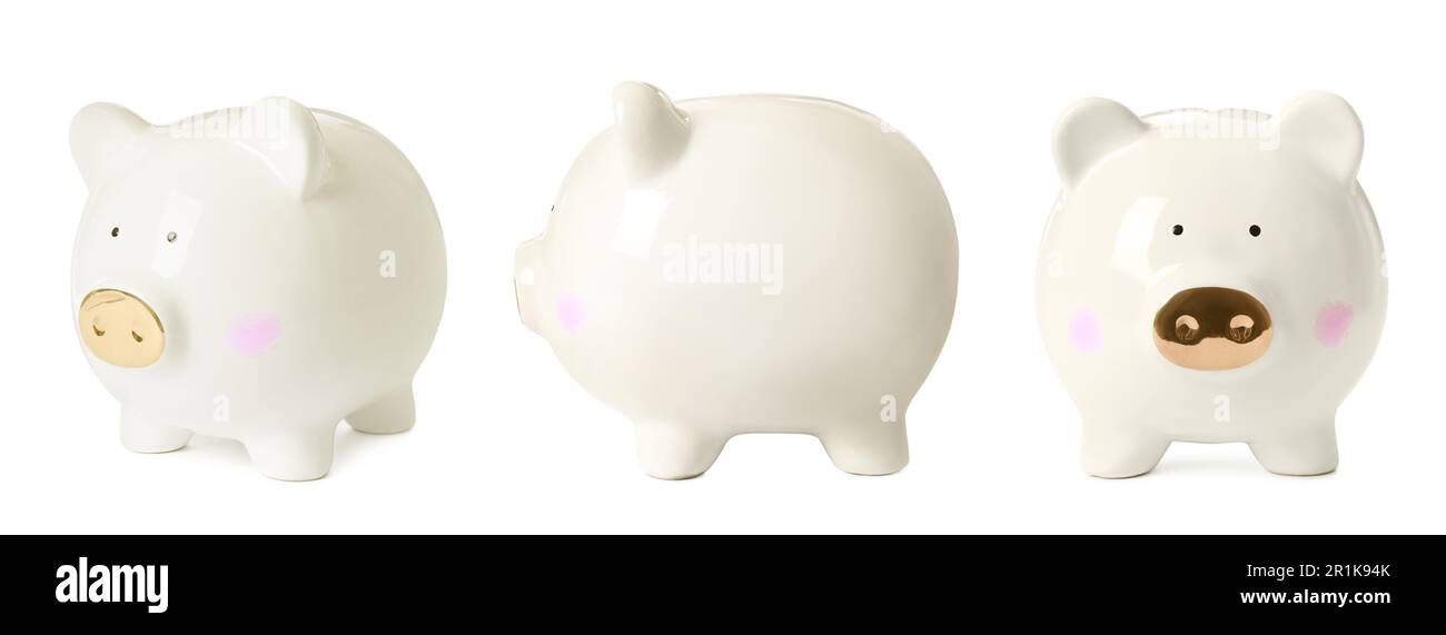 Set with piggy banks on white background. Banner design Stock Photo - Alamy