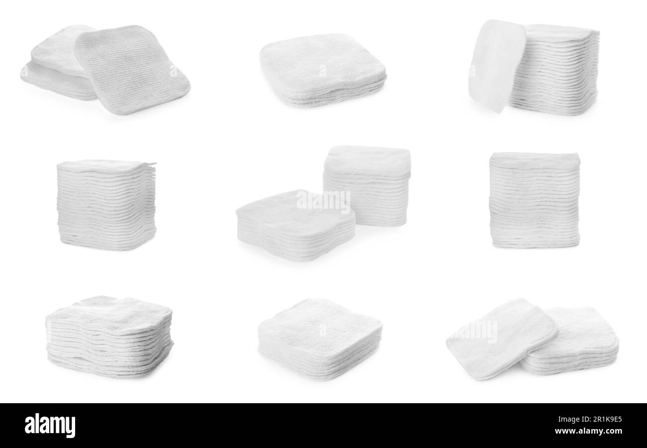 Set with stacks of cotton pads on white background Stock Photo Alamy