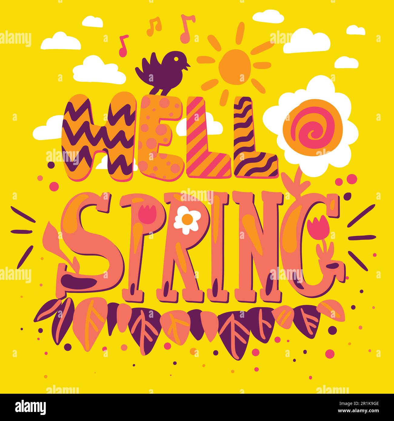 Hello spring cartoon lettering. Flat quote. Greeting card, poster