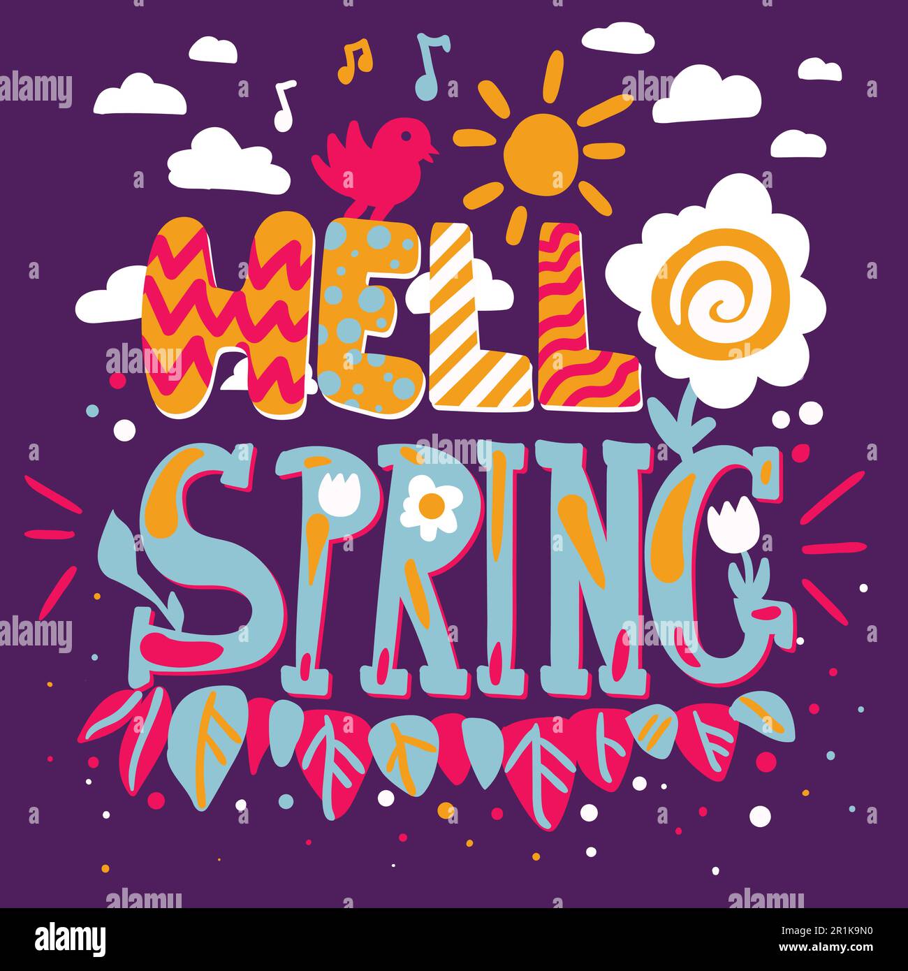 Hello spring lettering. Flat design vector quote. Greeting card, poster ...