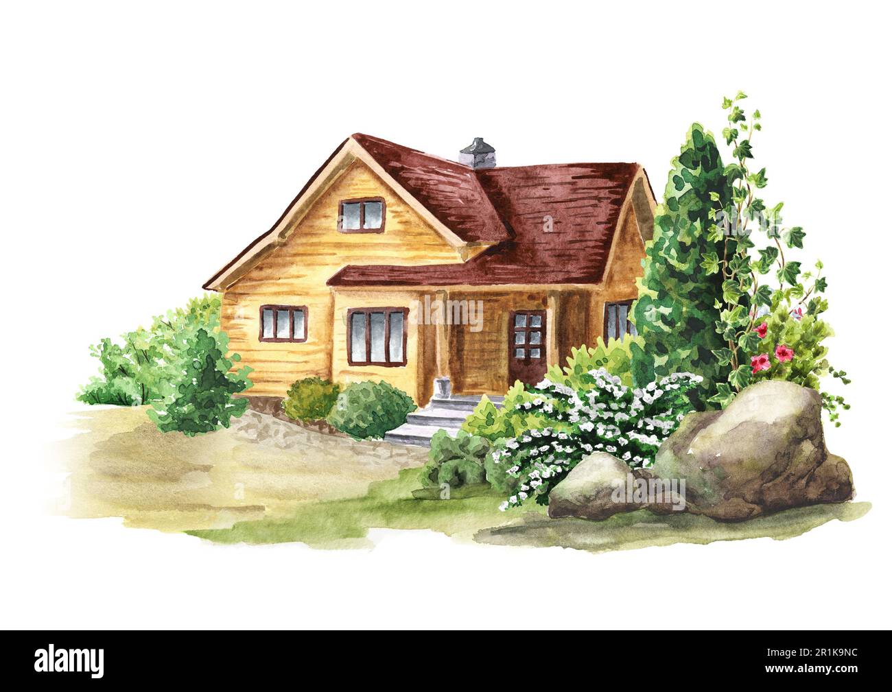 Cozy country cottage in the garden. Hand drawn watercolor illustration,  isolated on white background Stock Photo